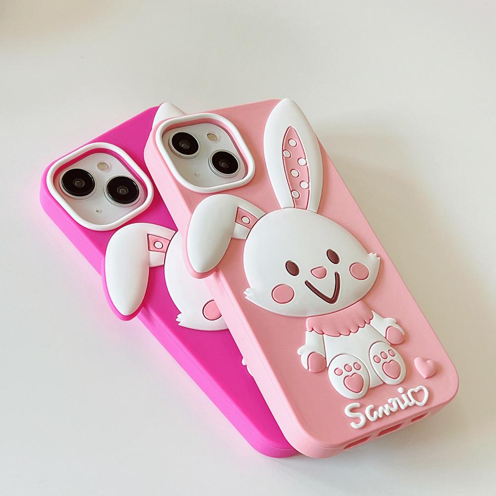 Cartoon Cute Rabbit Phone Case Compatible for iPhone 14 13 12 Pro Max 11 7 Plus Pink Stereoscopic Silicone Protective Cover