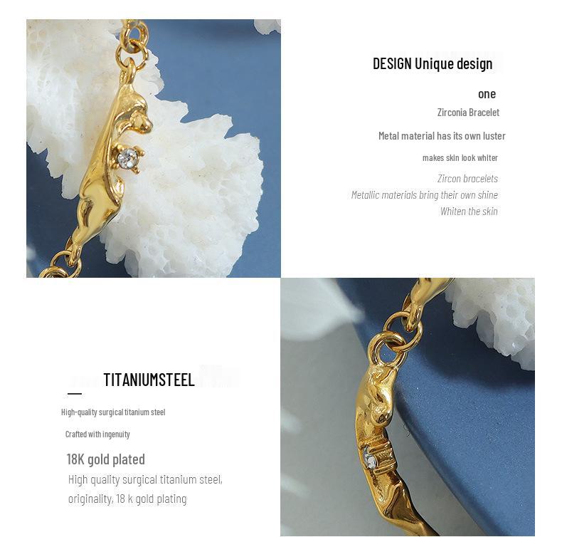 Irregular Inlaid Zircon Titanium Steel Bracelet with 18K Gold Plating