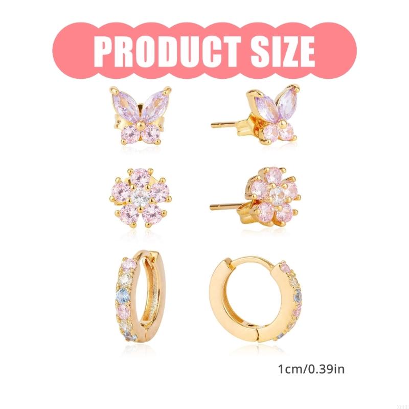 6PCS Stainless Steel Zircon Flower Pendant Hoop Earrings Set for Women Simple Butterfly Cartilage Earring Piercing Jewelry