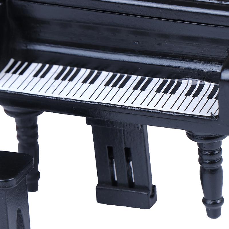 1:12 Dollhouse Miniature Black Wooden Grand Piano With Stool Model Play Toys