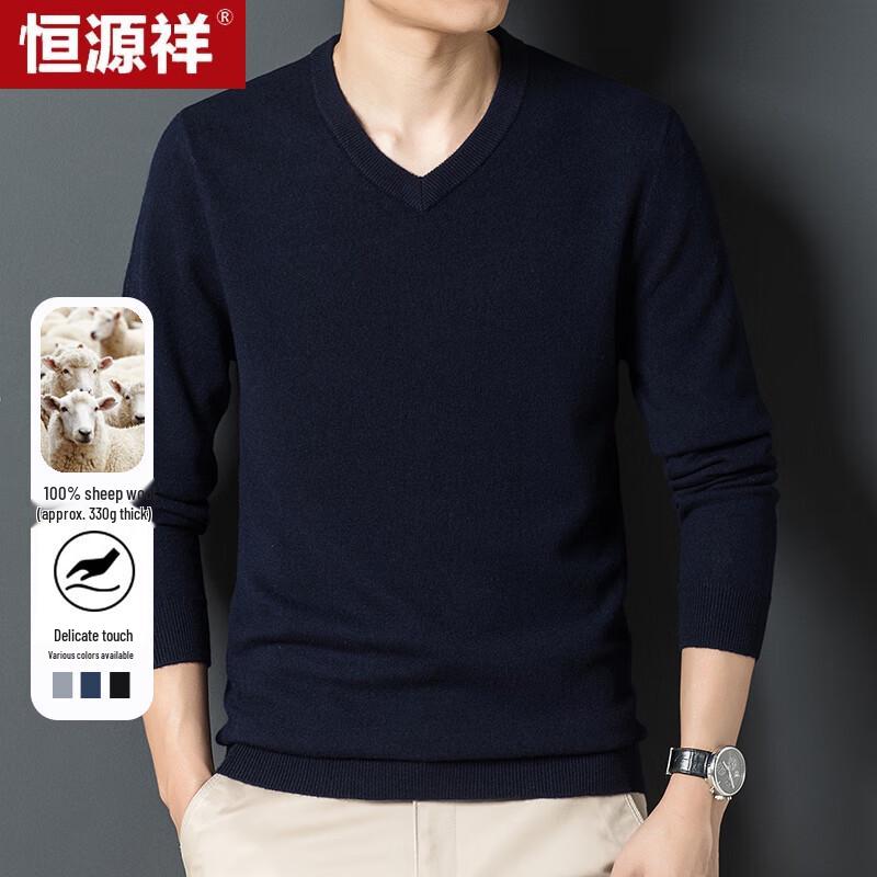 Hengyuanxiang Men's Thick Pure Wool V-Neck Pullover Sweater