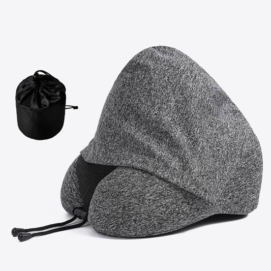 Travel Neck Pillow with Hood Memory Foam U-shaped Pillow with Adjustable Drawstring Breathable Neck Cushion for Airplane Car Long Flights Road Trips