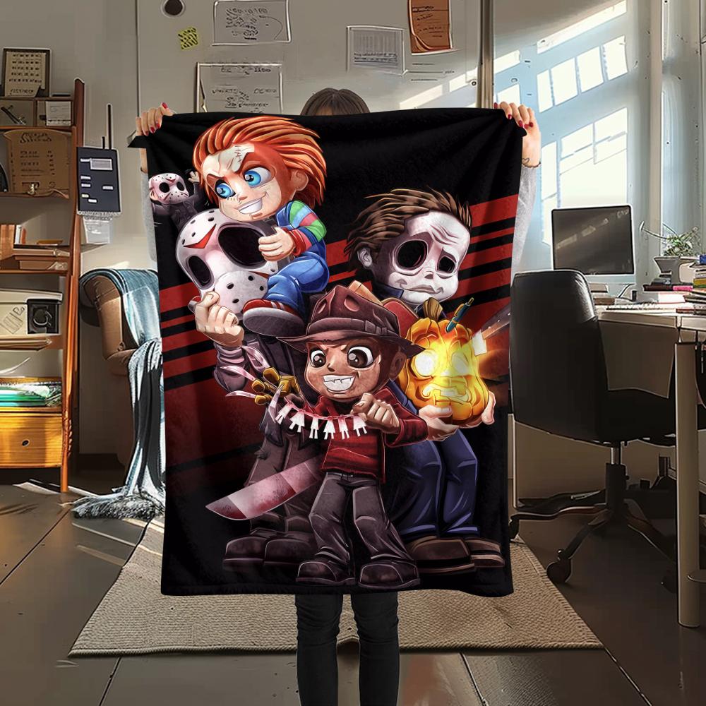 1PC Chibi Chucky Freddy Krueger Print Flannel Blanket, High quality All Seasons, Home Decor, Warmth and Comfort, Perfect for Christmas Gifts