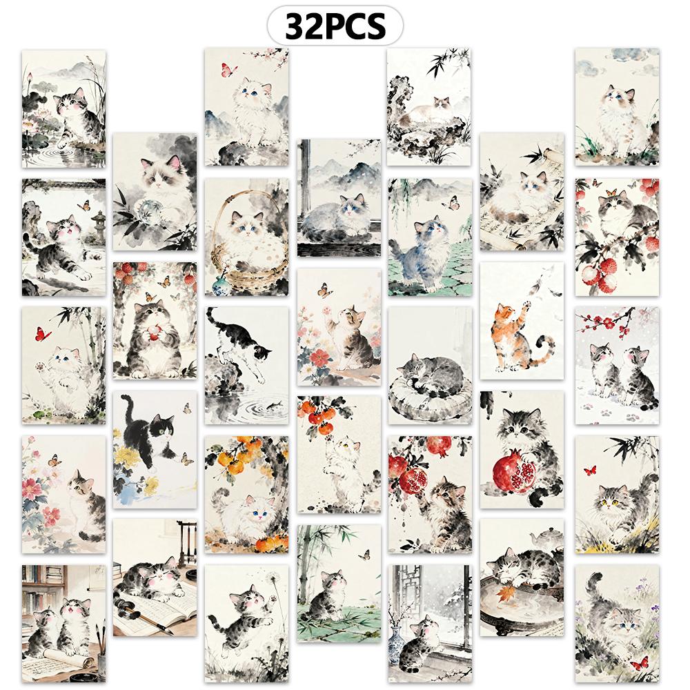 32pcs Ink Wash Cat Postcards, Christmas Gifts, Living Room Decor Cards, Student Gifts, Cheap Bedroom Decoration,Thick Cardstock,