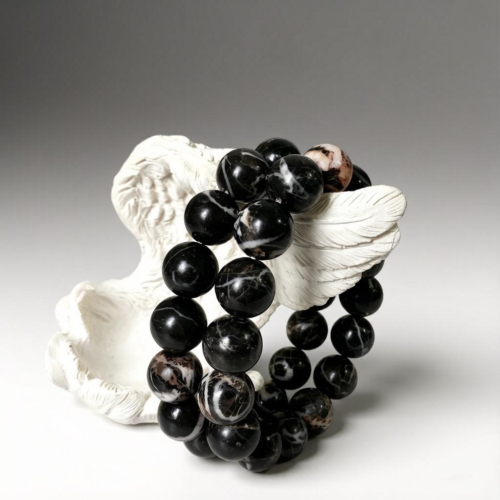 Natural black leaf vein jasper bracelet, round bead crystal bracelet, unisex jewelry, handicraft ornament.