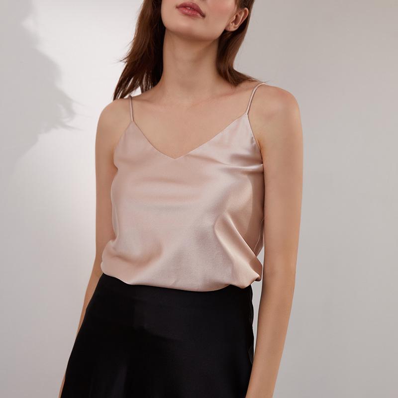 Women’s Summer Butterfly Embroidery Silk Camisole – Mulberry Stretch Satin, Candy Color Macaron, 12 Colors, Stylish Back Design.