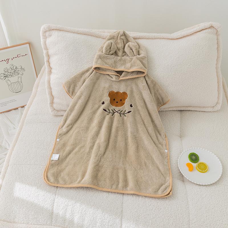 Embroidered Coral Fleece Hooded Cape Children's Bathrobe Baby Cotton Absorbent Korean Bear Bath Towel