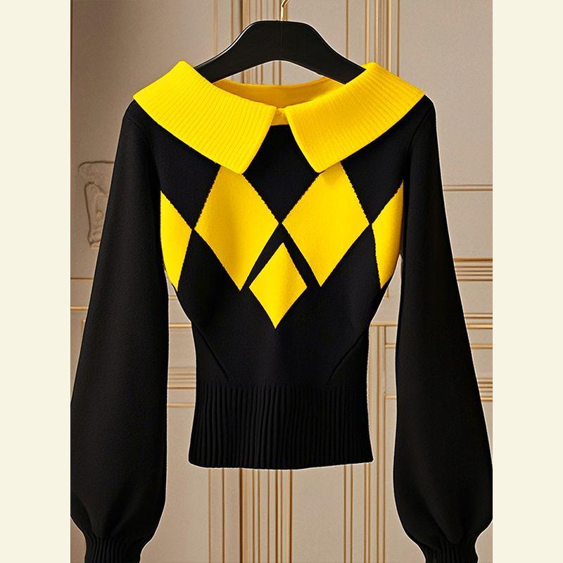 Autumn Korean Chic Tops Are Fashionable Unique Lazy Black Diamond Knitted Sweater