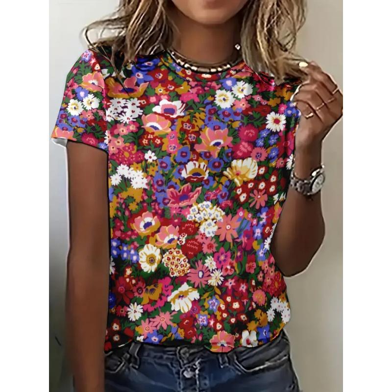 Fun Plants Pattern T Shirt For Women Colorful Flowers 3D Printed Short Sleeves Tees Summer
