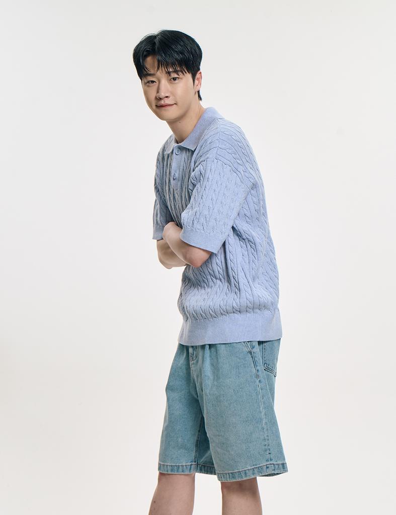 CLEVER FIELD Urban Cotton Cable Collar Knit_Sky Blue