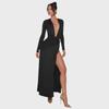 2024 Herbst/Winter Tief ausgeschnittenes Langarm-Maxikleid mit Plissee und hohem Schlitz