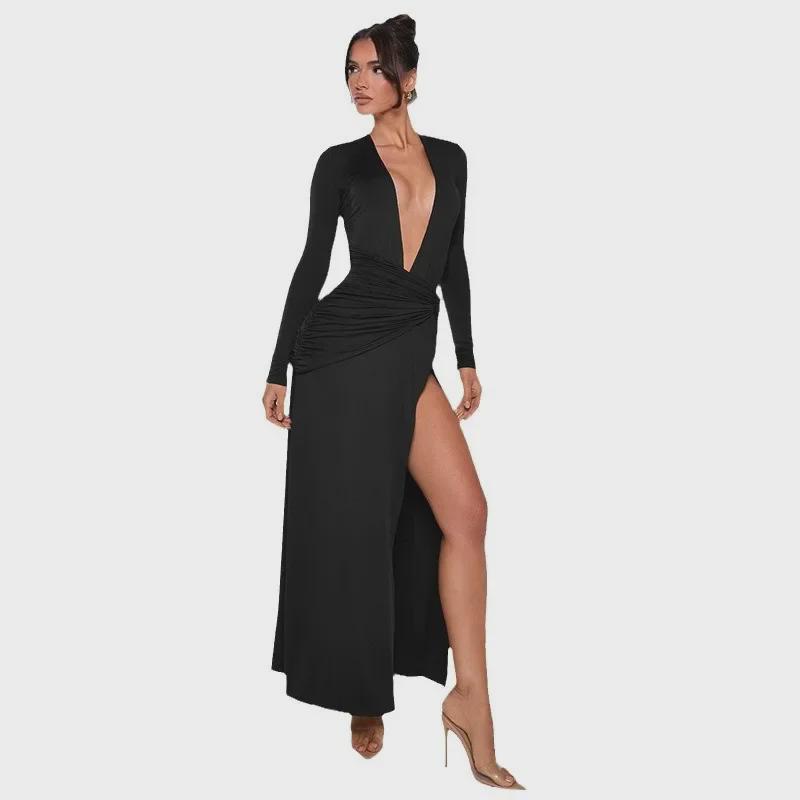 2024 Herbst/Winter Tief ausgeschnittenes Langarm-Maxikleid mit Plissee und hohem Schlitz