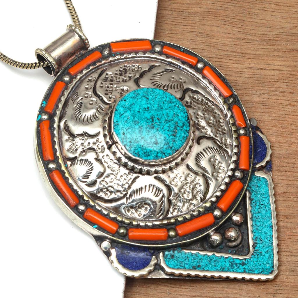 Handmade Tibetan Silver Gemstone Turquoise Red Coral Nepali Necklace Jewelry