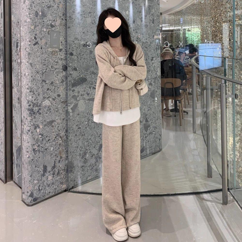 Ensemble décontracté deux pièces pour femmes Printemps 2025: Cardigan Sweatshirt Faux Deux Pièces & Pantalon Large