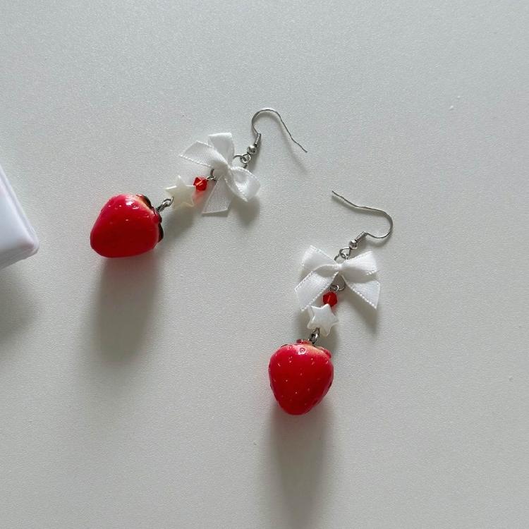 Elegant Fruit Charm Earrings Bowknot Strawberry Ear Pendants Unique Accessory