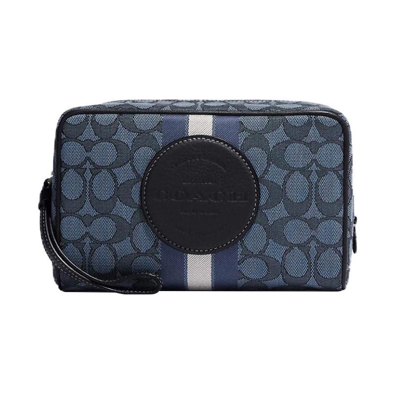 COACH Dempsey 20 Striped Letter Logo Jacquard Pebbled Leather Clutch Organizer Cosmetic Bag Small Women s Navy navy blue