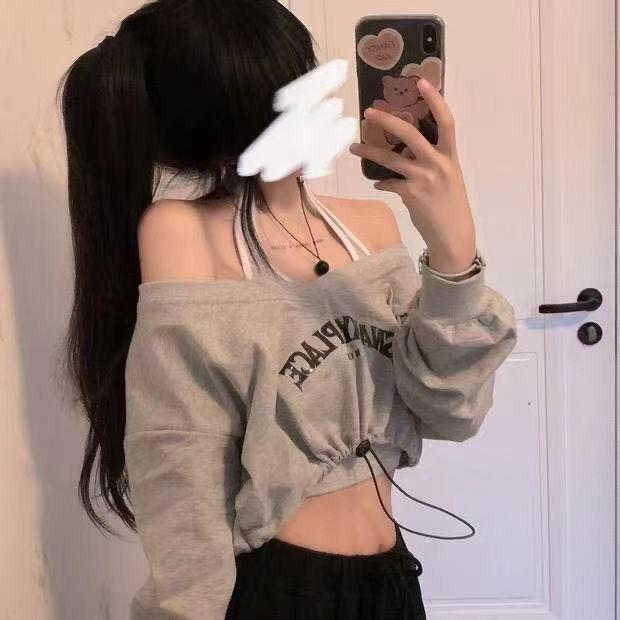 Korean Spring One-Shoulder Two-Piece: Long Sleeve Sweater & Navel-Length Halter Top