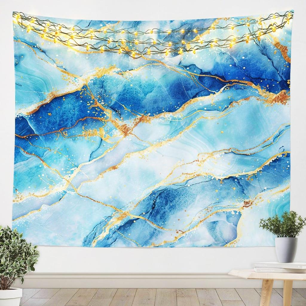 Blue Gold Marble Tapestry, Luxury Ocean Wave Wall Hanging with Golden Veins for Bedroom, Living Room & Aesthetic Home Decor