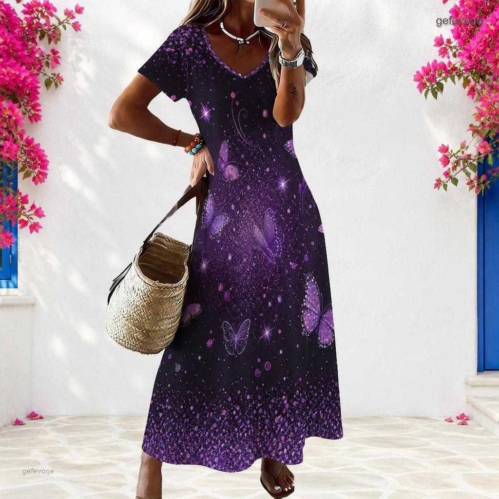 Women Plus Size V Neck Short Sleeve Floral Butterfly Printed Black Straight Long Dress