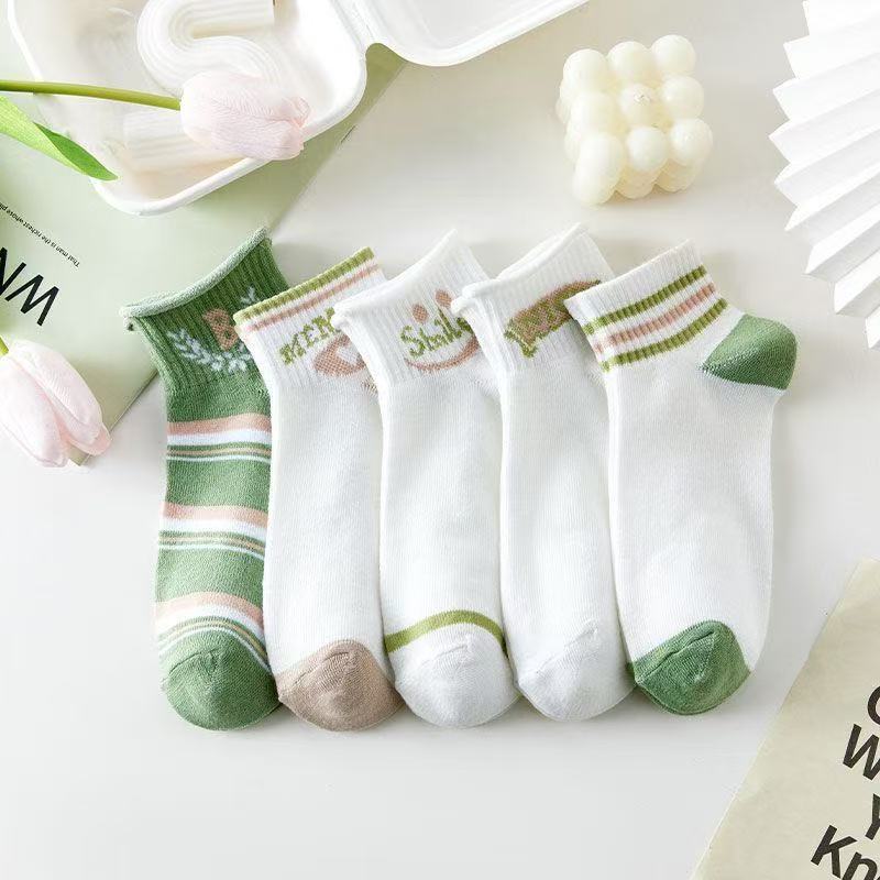 5Pairs Women's Spring and Summer New Short Cotton Socks Japanese Sweet Casual Cartoon Couple Boat Socks