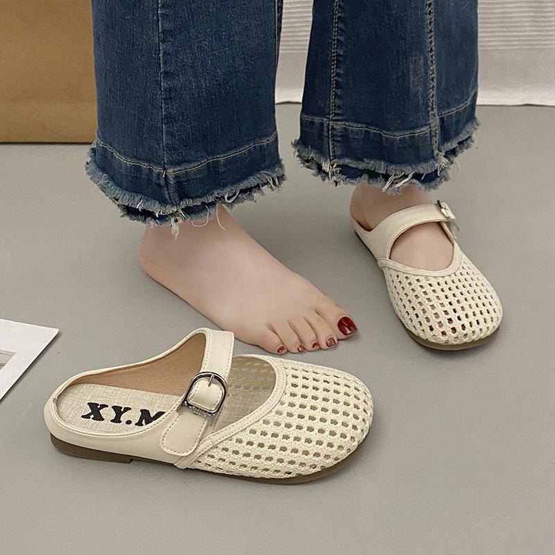 Hollow bag head half slippers women's breathable new summer mesh outer wear soft bottom slippers woven shallow mouth flat bottom sandals