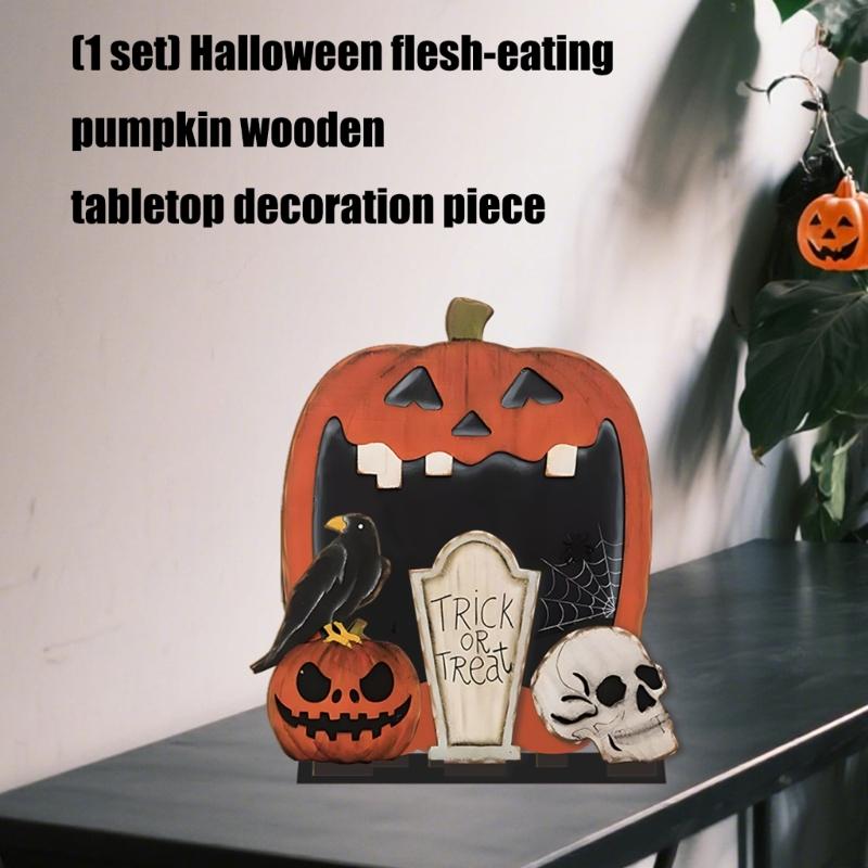 Handcrafted Scary Pumpkins Table Ornament Solid Wood Carving Halloween Home Festival Shelf Display