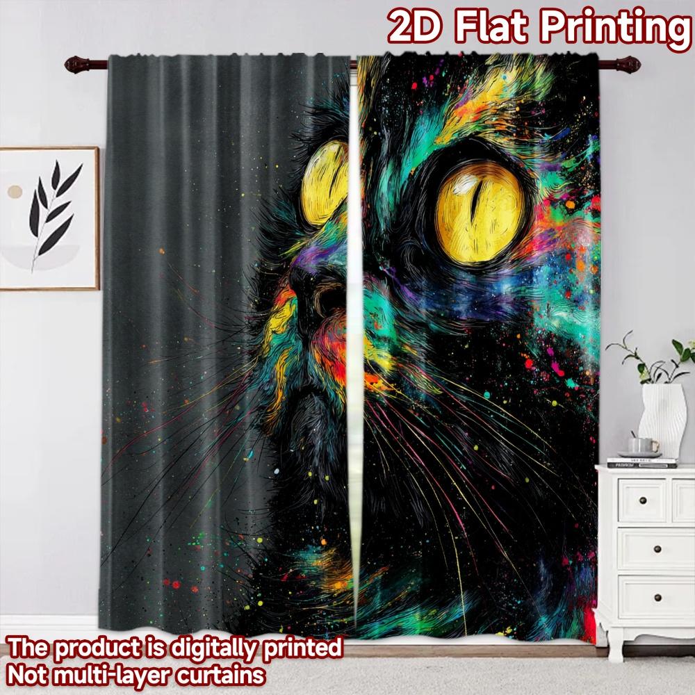2D Flat Printing 2pcs Curtain Curtain Colorful Starry Cat Digital Printed Polyester Drapes Birthday Party Perfect for Holiday