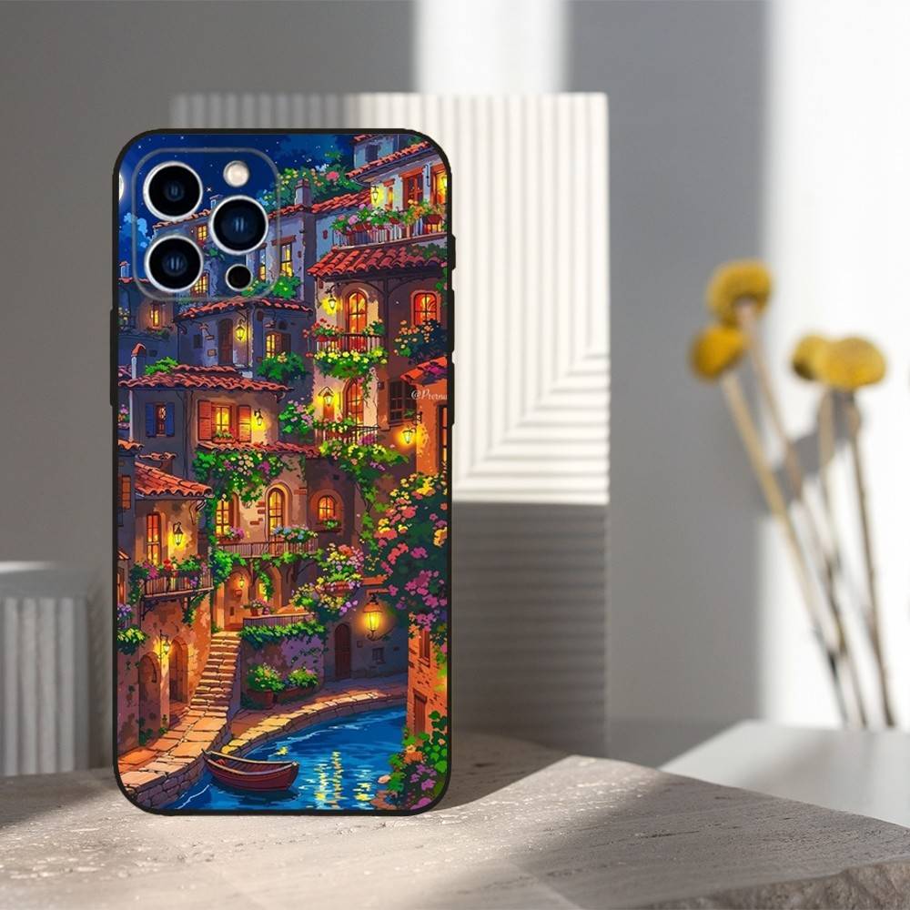 Painted Art House Scenery Case For iPhone 15,16,12,14,17,13,11,Plus,Pro Max,8,7,XR,SE,XS,X,Mini,Soft Silicone Black