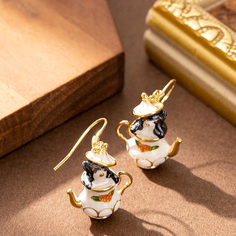European and American fashion exquisite oil drop enamel glaze teacup chipmunk earrings women's high sense versatile personalized earrings