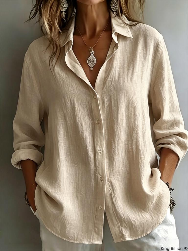 Women's Oversized White Linen Button-Down Shirt - Relaxed Long Rolled Sleeve Casual Summer Beach Vacation Blouse