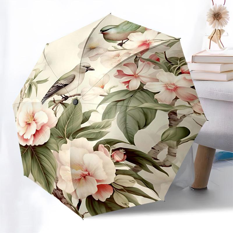 1PC Birds Flowers Umbrella-8-Rib Reinforced Portable Folding Travel Suitable for All Seasons Outdoor Daily -Z0458
