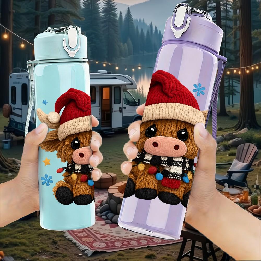 1PC Santa Hat Cute Cow 750ml Color Plastic Sports Water Bottle Leakproof Flip Straw Lid Suitable for Sports Office Home Use
