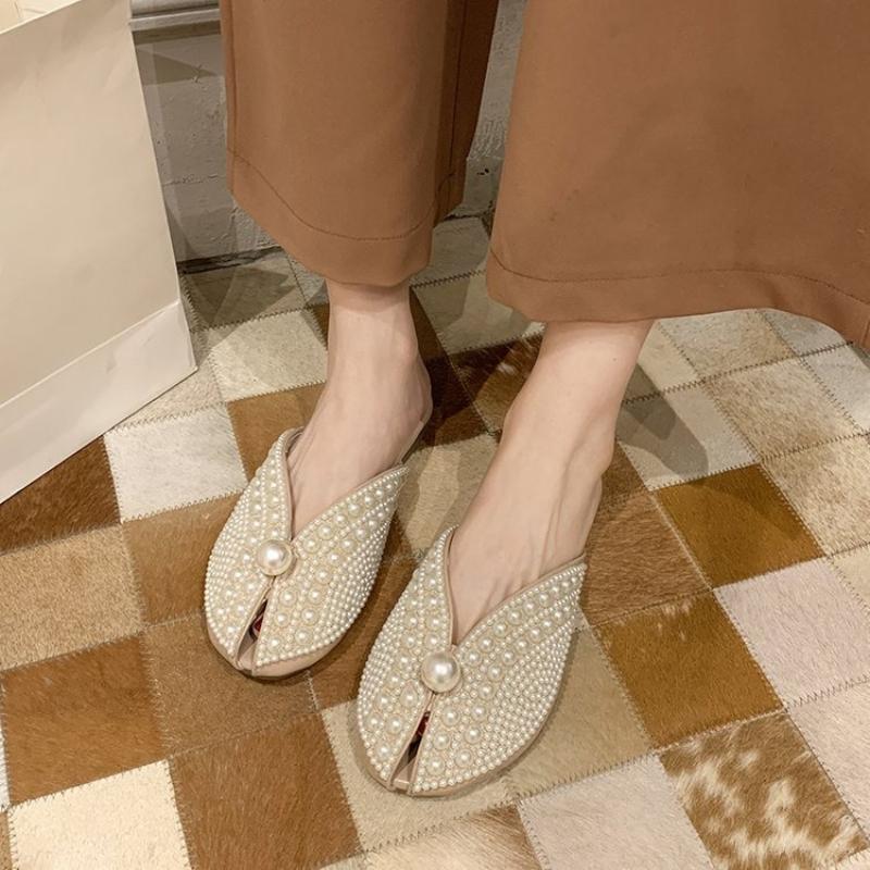 

Women s pearl Baotou Flat slippers Fashion comfortable Dance party sandals Female Flip-flops 36 хаки
