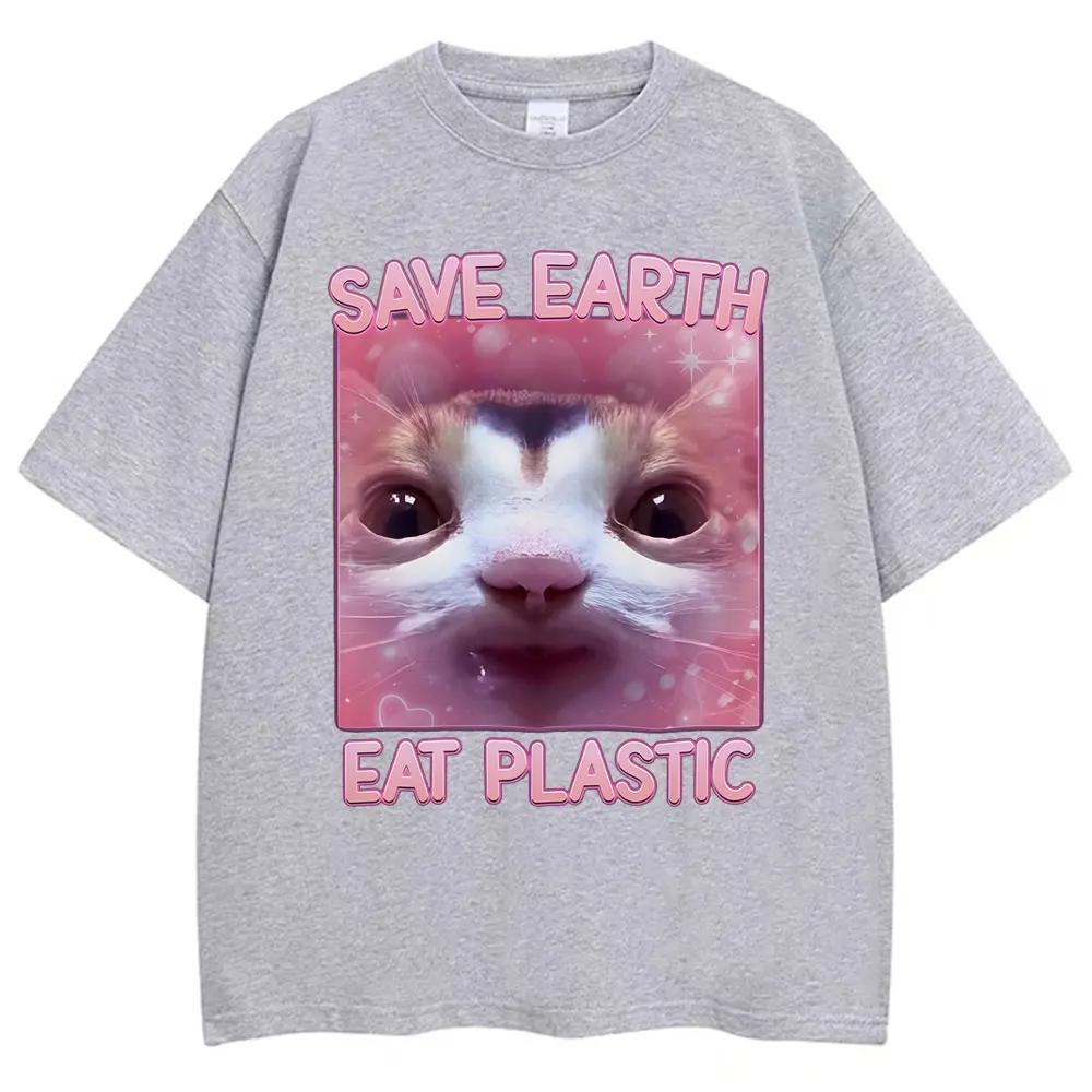 Save the Earth by Eating Plastic Cute Cat Emoji T-Shirt Womens Fashion Aesthetic T-Shirt Casual Oversized Summer Cute T-Shirt