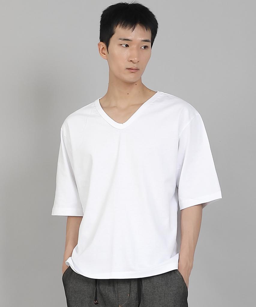 Seinteukeulu Plain V-Neck 16S Cotton Knee-Length Short Sleeve T-Shirt V-8A01 White