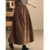 Women Vintage Corduroy Midi Skirt Elastic Waist Drawstring A-Line Maxi Skirt Casual Solid Long Half Skirt Autumn