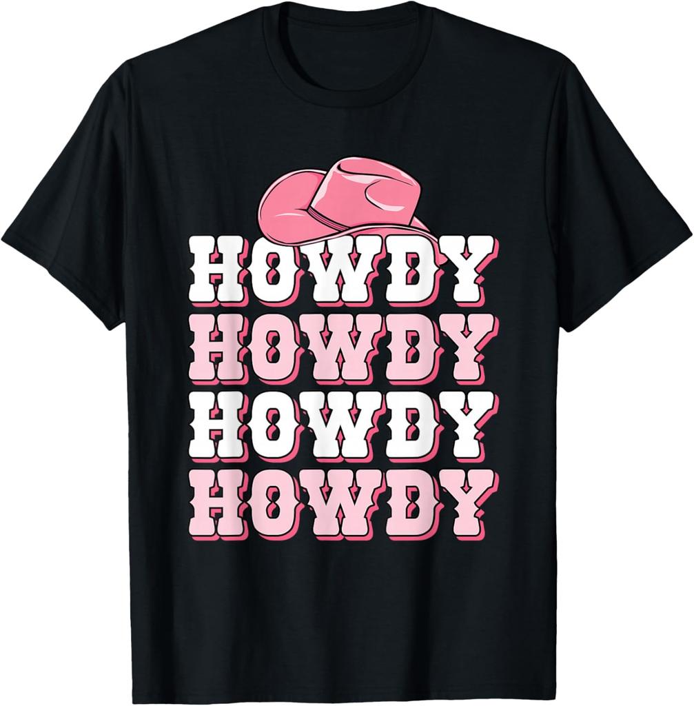 Howdy Pink Cowboy Hat Western Graphic Tee Soft Breathable Casual T-Shirt for Women