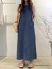 Women's Sleeveless Denim Long Skirt Dress with Pockets