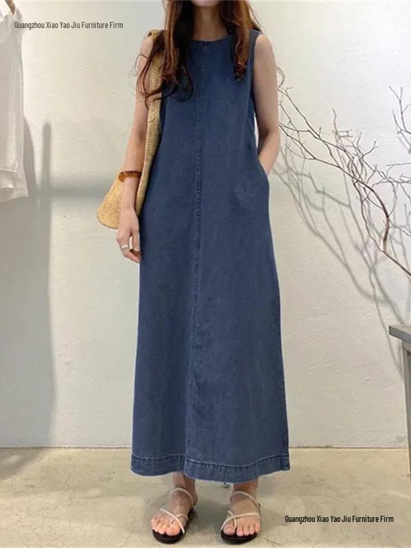 Women's Sleeveless Denim Long Skirt Dress with Pockets