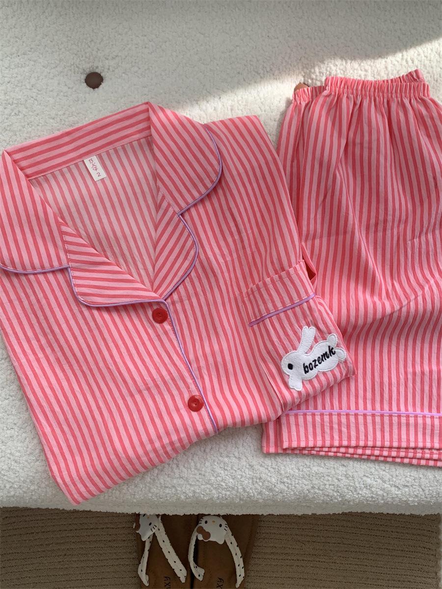 

ins simple style red striped pocket bunny pajamas women s short-sleeved shorts cardigan two-piece girl loungewear S
