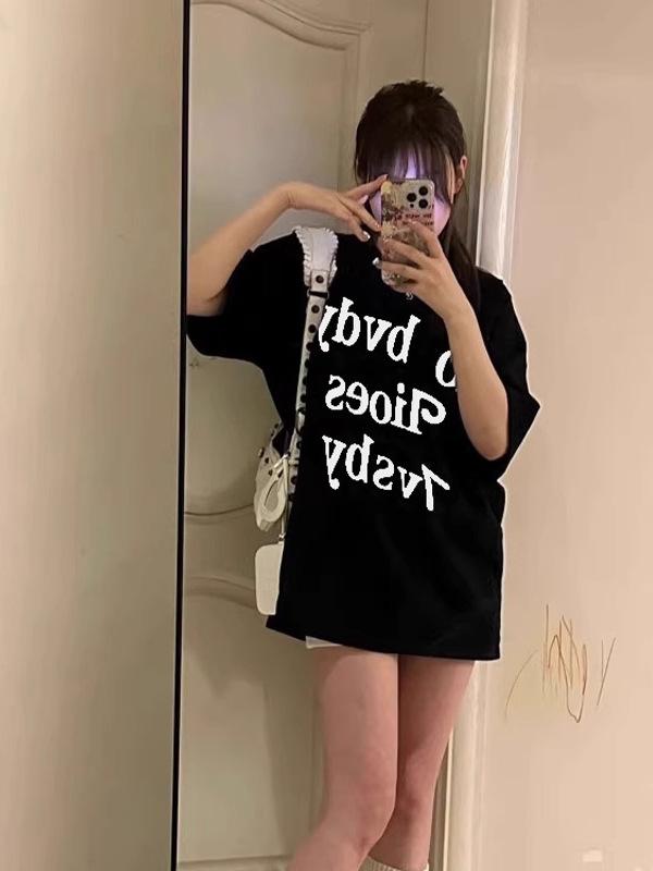 American retro high street heavy cotton shoulder short-sleeved T-shirt women's large size loose oversize half-sleeved top ins