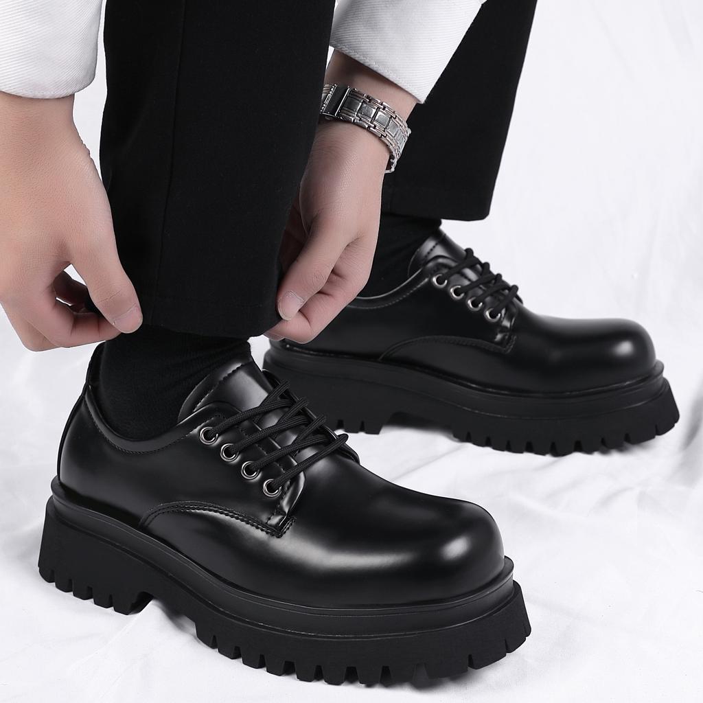 2025 New Men's Shoes Trendy Brand High-end Big Head Leather Shoes Black Low-top Martin Shoes Casual Platform Derby Shoes