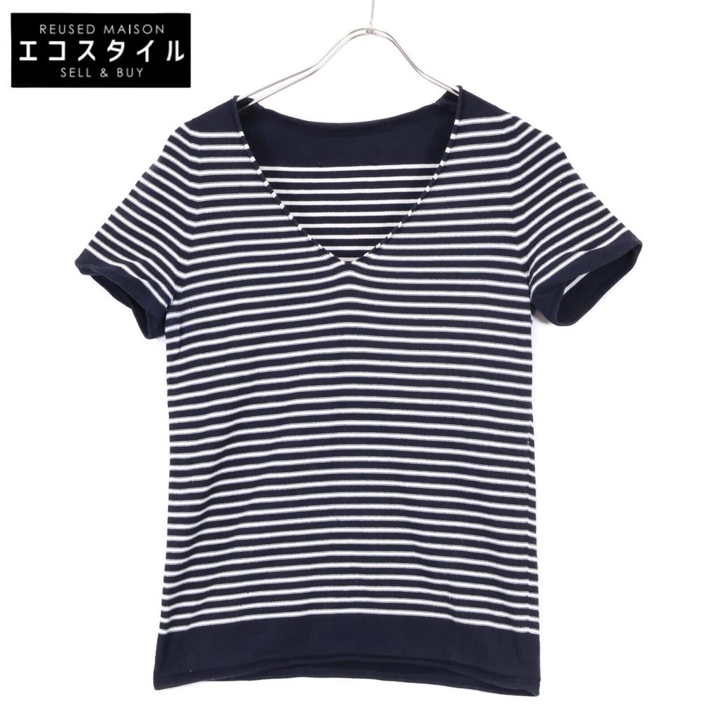 YURI+PARK [Good Condition] 6517-343-0253 Stripe V-neck Knit Sweater/ Tops *There Is No Size Notation. Navy / WhiteUsed