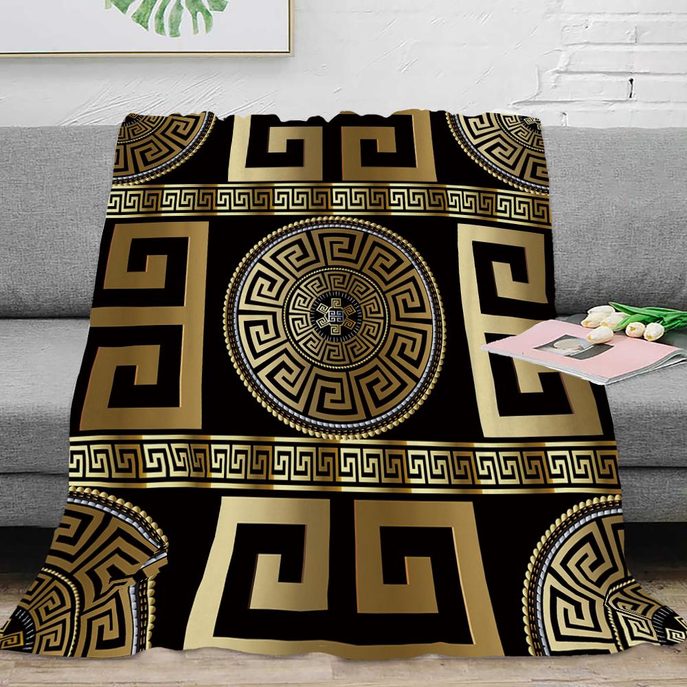 Couverture Plaid en Flanelle Luxe Noir Or Clé Grecque Méandre Baroque Douce Peluche Moelleuse Chaude Décoration Maison Couette Linge de Lit Cadeau
