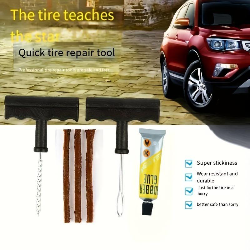 Kit de réparation de pneus crevés avec paquet de mèches de pneu, embouts en acier inoxydable avec poignées durables - Kit de crevaison portable et robuste pour automobile