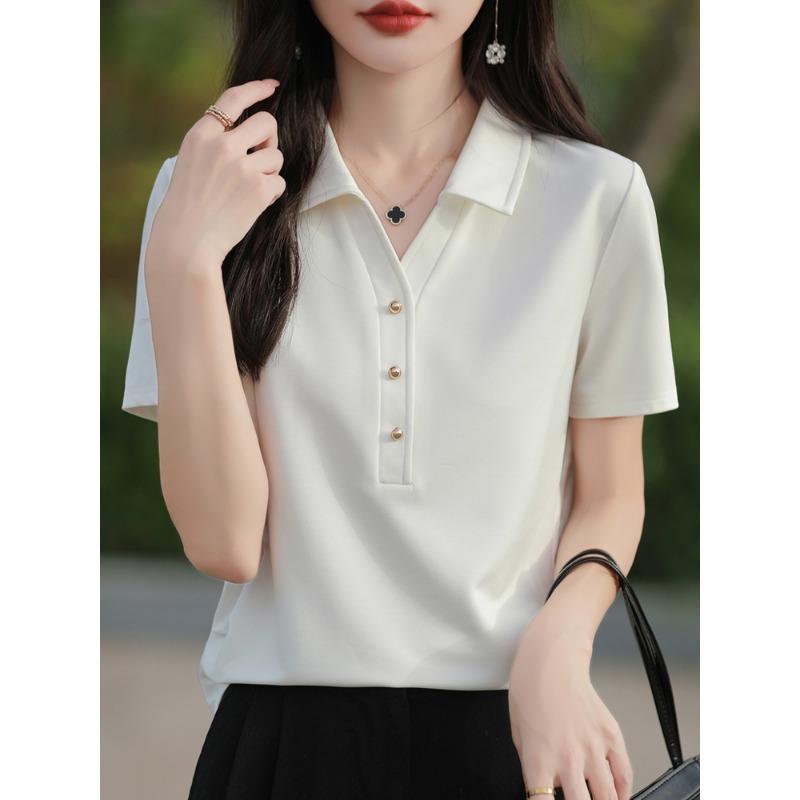 POLO Collar Sweater Short-sleeved Womens Summer Trendy Versatile T-shirt Light and Soft Top Half Sleeve