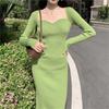 Square Neck Ribbed Thicken Warm Knitted Dresses Women Long Sleeve High Stretch Basic Bodycon Dress Streetwear Vestidos C-121