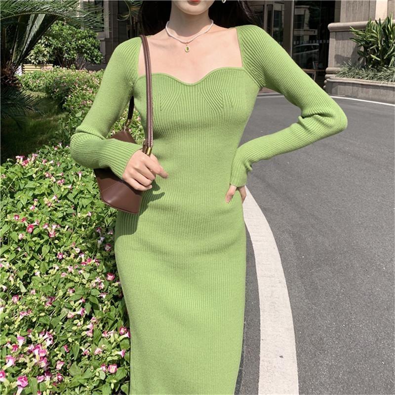 Square Neck Ribbed Thicken Warm Knitted Dresses Women Long Sleeve High Stretch Basic Bodycon Dress Streetwear Vestidos C-121