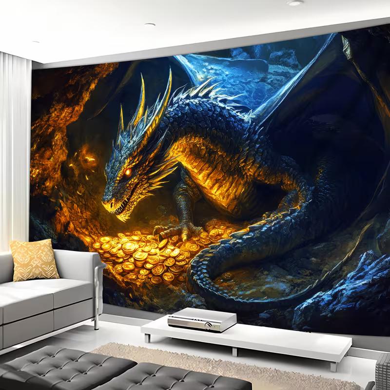 2D Dark Fantasy Drachen Wandteppich Drache in Schatztruhe Wandbehang