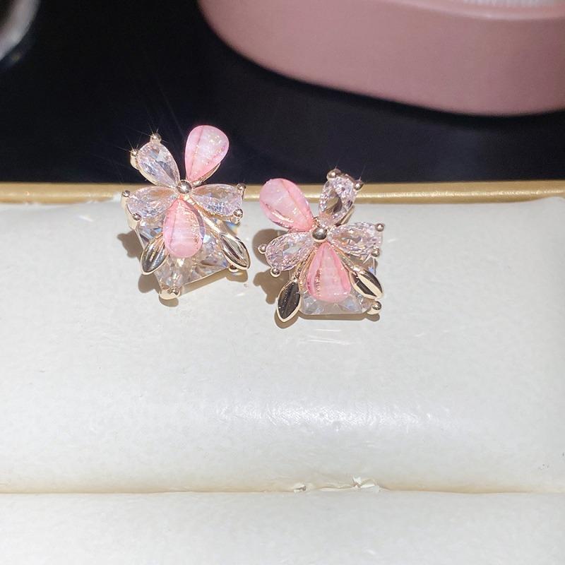 Pink Bubble~ Super Beautiful Zircon Resin Flower Ear Hook French Sweet Versatile Stud Earrings Great Looking Fairy Earrings